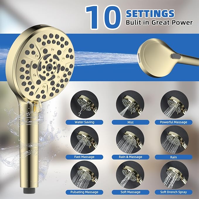 All Metal Shower Head, 10" High Pressure Rainfall/Handheld Shower Combo with 11" Extension Arm, 10-Spray Handheld Showerhead, 71" Long Hose, 3-Way Diverter Valve, Shiny Gold