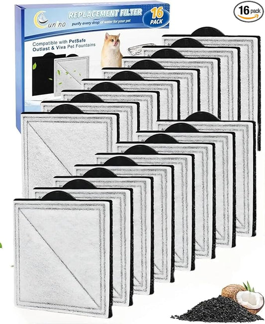 16 Pack Cat Fountain Filter Replacement Fit for PetSafe Outlast Pumpless Pet Fountain, Fit for Ion-X, Viva and Premier Stainless Steel Cat Water Fountain, Pet Water Fountain Filters for Dogs & Cats