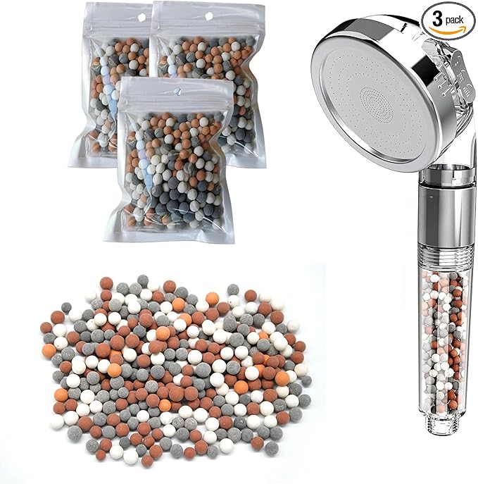 BLMHTWO 3 Packs Replacement Anion Mineral Shower Head Bead Four Color Shower Filter Water Stone Beads Filtration Mineral Beads Stones Balls Suitable for Filtered ShowerHead