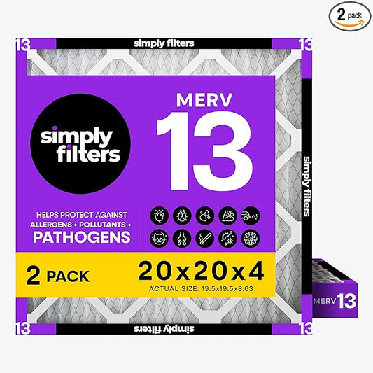 Simply 20x20x4 Air Filter, MERV 13, 2 Pack, Furnace Air Filter for HVAC (Actual Size:19.5"x19.5"x3.63") DUST, Pet, & Allergy Control