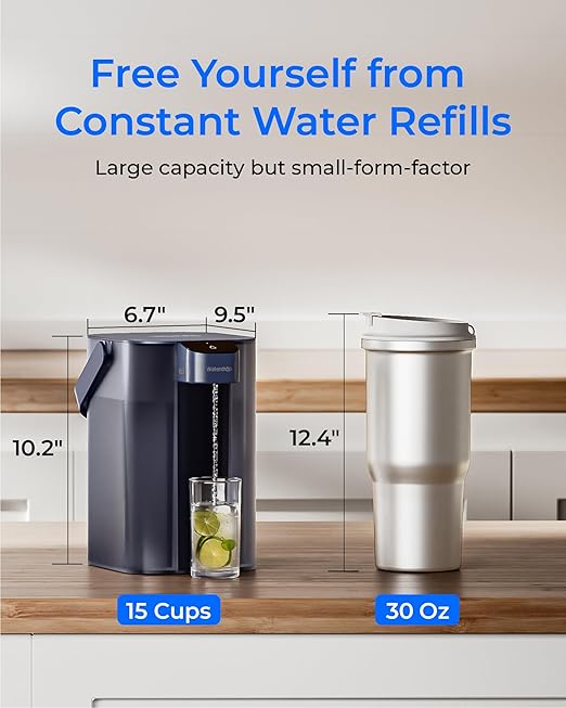 Waterdrop ED01B Electric Water Filter Pitcher, Reduce 99.6% of Lead and 45+ Impurities, 15-Cup 200-Gallon Capacity, Rechargeable Instant Dispenser, NSF/ANSI 42&53&401&372, Does not Lower TDS, Blue