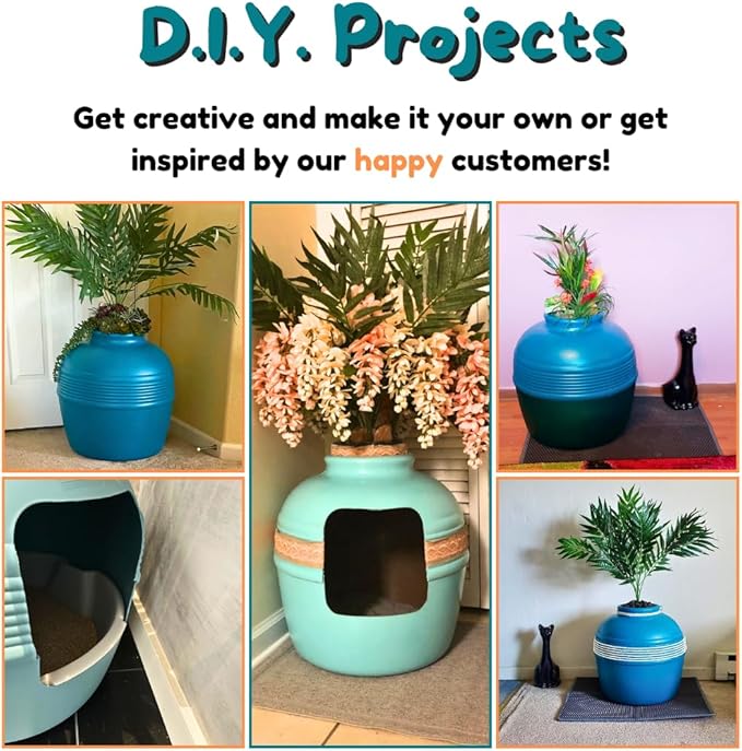 Good Pet Stuff Hidden Litter Box Planter, Decorative Cat Litter Enclosure with Carbon Filter & Faux Plant, Made in USA, Removable Liner, Odor Control, NEW Round Style, Essentials Kit, Coastal Blue