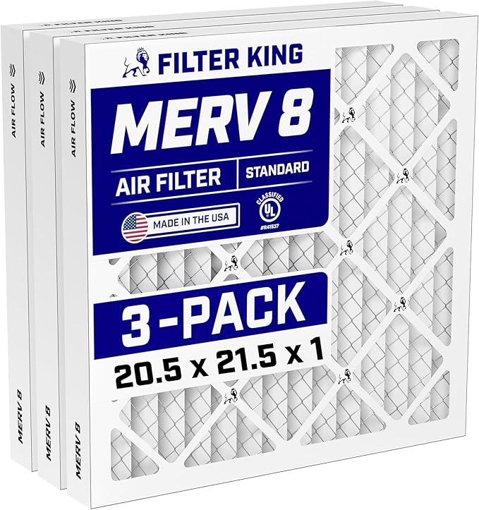 Filter King 20.5x21.5x1 Air Filter (MERV 8) (3-Pack) Dust & Allergy Control AC Furnace Filters, MADE IN USA, HVAC, Pleated, Electrostatic (Actual Size: 20.5 x 21.5 x .75)