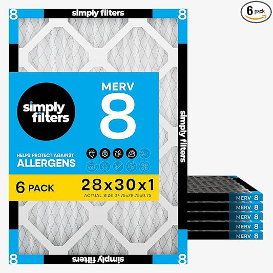 Simply 28x30x1 Air Filter, Merv 8, 6 Pack, For Home AC Furnace & HVAC (Actual Size: 27.75"x29.75"x0.75") DUST, Pet, & Allergy Control