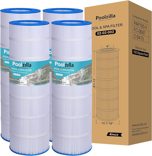 Poolzilla 4 Pack Replacement Cartridge for CC150, CCRP150, PAP150, Unicel C-9415, R173216, 59054300, Filbur FC-0687, 160317, 160355, 160352, Predator 150, 150 sq. ft. Filter Cartridge