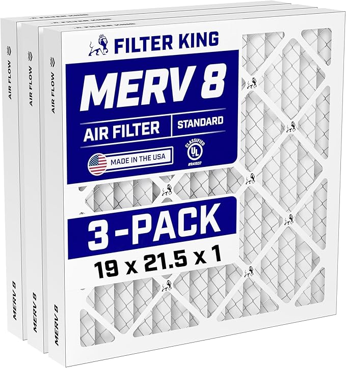 Filter King 19x21.5x1 Air Filter (MERV 8) (3-Pack) Dust & Allergy Control AC Furnace Filters, MADE IN USA, HVAC, Pleated, Electrostatic (Actual Size: 19 x 21.5 x .75)