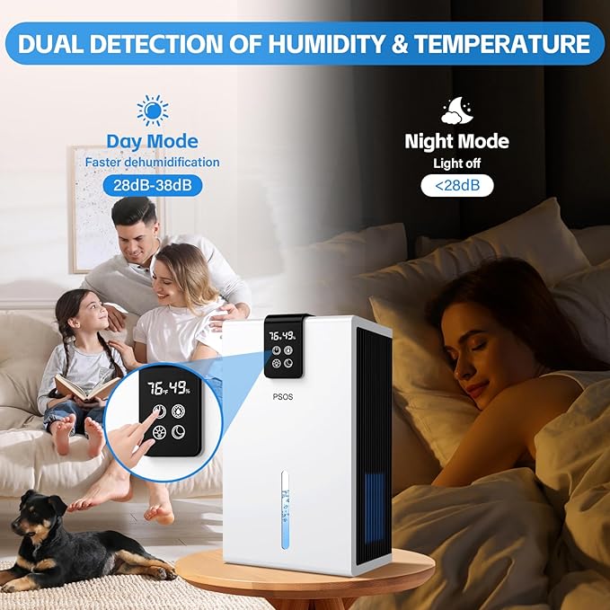 PSOS Dehumidifier, Dehumidifiers for Home, 98OZ Water Tank, (1000 sq.ft) Quiet Dehumidifier for Basement Bathroom Bedroom with Humidity Display, Relaxing 7 Color Ambient Light, Auto Shut Off(White)