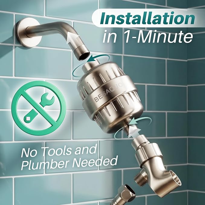 BESAQUO Shower Filter Head for Hard Water, Remove Chlorine, Heavy Metals, for Softer Skin, Shinier Hair and Stronger nails, with 20 Filtration Stages (Nickel)