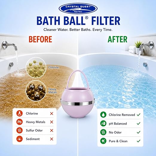 Crystal Quest Bath Ball Filter for Tub Faucet, Bathtub Water Filter, BPA-Free Bathtub Filter, Removes Chlorine, Lead & Impurities, Improves Skin, Hair & Nails, Long Lasting, Fits Most Tubs - Pink