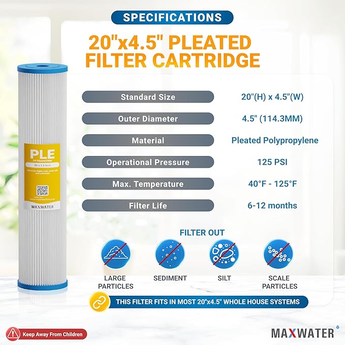 Max Water 5 Micron 20 x 4.5 Whole House Pleated Sediment Water Filter Replacement Cartridge for Well Water Filtration
