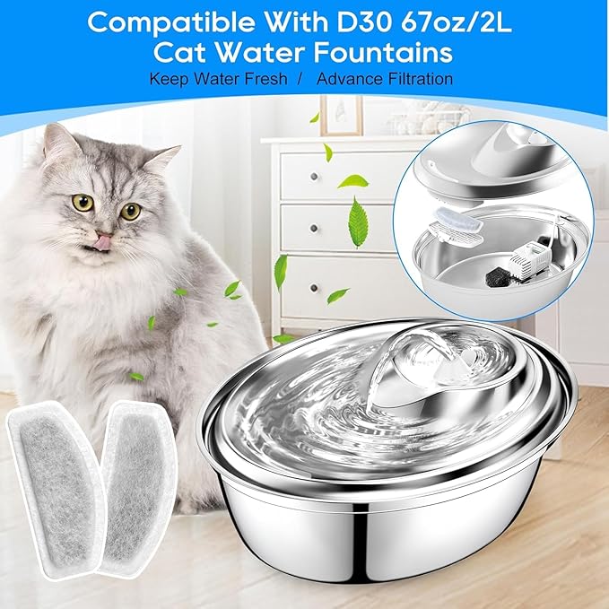 Cat Fountain Filter - 20 Pack & 10 Replacement, Compatible with ORSDA D30 67oz/2L Stainless Steel Pet Water Fountains with Three-Tier Resin Filtration System
