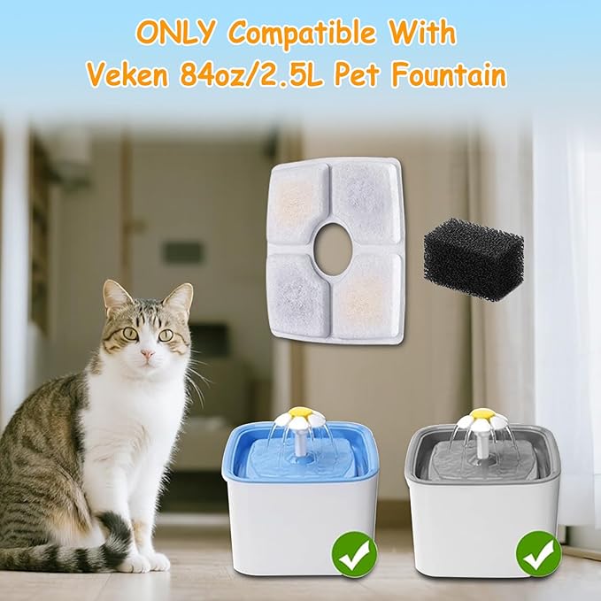 12 Pack Replacement Filters & 12 Pack Pre-Filter Sponges for Veken 84 oz / 2.5L Automatic Pet Water Fountain, Triple Filtration Cat Fountain Replacement Filter