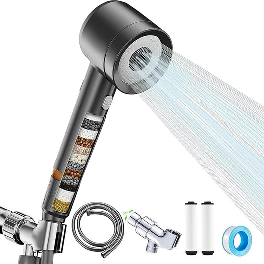 High Pressure Shower Head with Handheld, with Pause Switch 4 Spray Modes Water Saving Filter Showerhead, Showerhead Set with Hose, Bracket and Cotton Filter, Make Bathing Healthier (Grey)