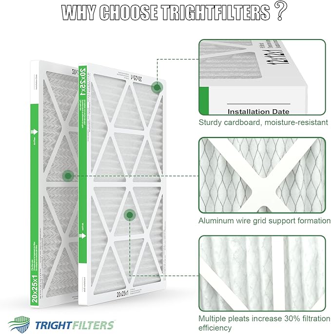 TRIGHTFILTERS 20x25x1 Air Filter 6 Pack, Durable MERV 8 Pleated Home HVAC AC Furnace Filters, Lightweight Compact Air Conditioner Filter Replacement