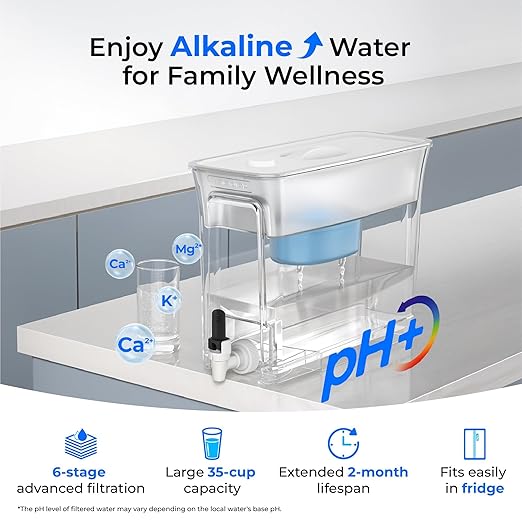 Waterdrop WFD-40W-L-A Water Filter Dispenser, Alkaline Filtration Water Purifier, 35-Cup Large Capacity, 100-Gallon Long-Life, Reduces Chlorine, PFOA/PFOS and More, BPA Free, White
