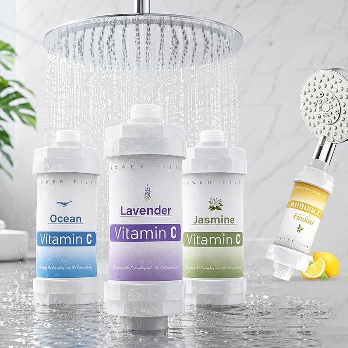 4PCS Vitamin C Shower Filter for Hard Water Filter Shower Aromatherapy Bathroom Accessories Fixed Handheld Showerheads Bathtub Faucet Remove Chlorine Fluoride Heavy Metals Lemon Jasmine Lavender Ocean
