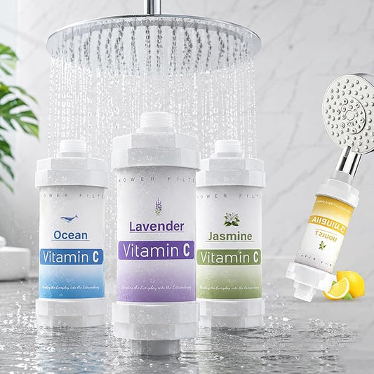 4PCS Vitamin C Shower Filter for Hard Water Filter Shower Aromatherapy Bathroom Accessories Fixed Handheld Showerheads Bathtub Faucet Remove Chlorine Fluoride Heavy Metals Lemon Jasmine Lavender Ocean