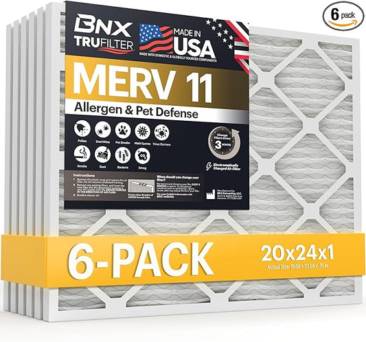 BNX TruFilter 20x24x1 Air Filter MERV 11 (6-Pack) - MADE IN USA - Allergen Defense Electrostatic Pleated Air Conditioner HVAC AC Furnace Filters for Allergies, Dust, Pet, Smoke, Allergy MPR 1200 FPR 7