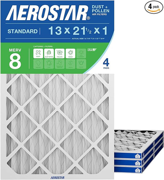 Aerostar 13x21.5x1 MERV 8 Pleated Air Filter, 4 Pack, AC Furnace Filters, HVAC Filter, Air Conditioner Filters, Heater Filters Replacement for Home (Actual Size: 12.875x21.5x0.75)