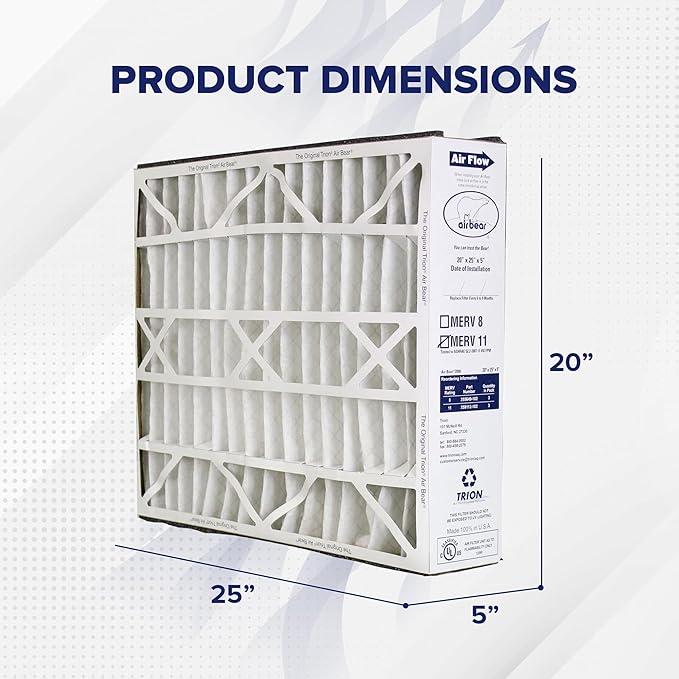 Trion 3 Pack Pleated Air Filter, Air Bear MERV 11 for HVAC/Furnace, 20x25x5 in.