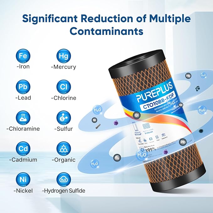 PUREPLUS 5 Micron 10"x4.5" Whole House Water Filter Replacement Bundle 3 Pack – 1× CTO Chlorine Taste Odor Reduction + 2× KDF Heavy Metal Filter – Fits Standard Housings GXWH40L, WFHDC8001, FXHTC