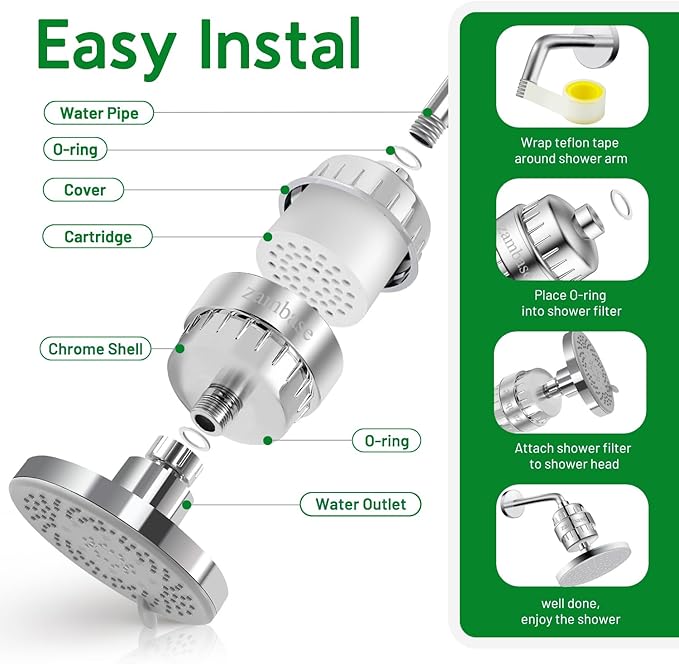 Shower Head Filter for Reduction of Hard Water, Chlorine, & Heavy Metals to Soothe Dry Itchy Skin, Dandruff and Eczema for Healthier Skin & Hair, Fits All Showers (Silvery)