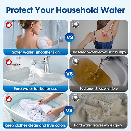 Whole House Water Filter System, 3-Stage Home Water Filtration System Highly Reduces Chlorine Odor,Taste, Delivers Crisp Water for Healthier Skin, 3/4" Ports with 2 Valves, Extra 2 Sets Filter Supply