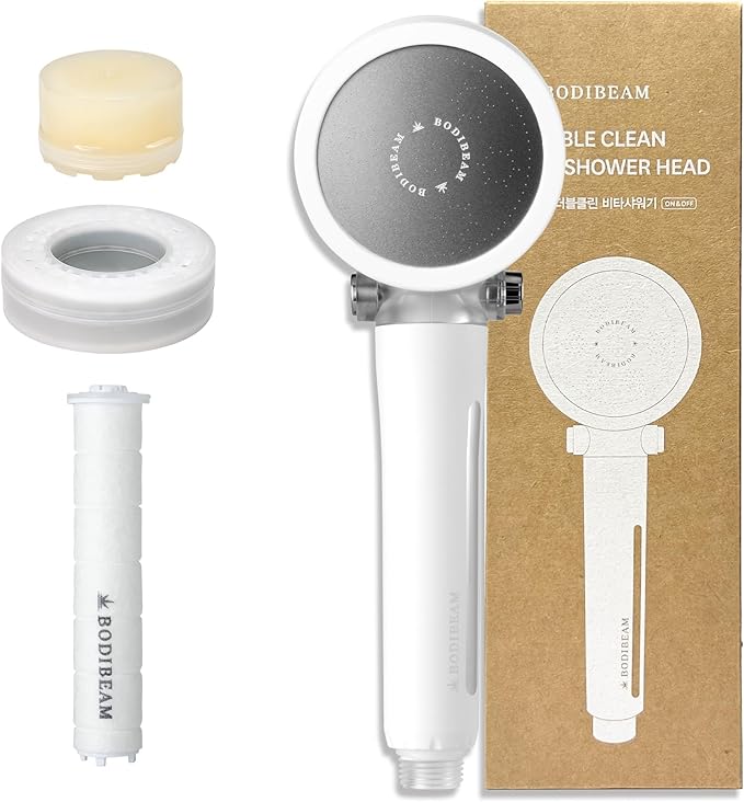 Filtered Handheld Shower Head with Vitamin C & Sediment Filter Reduces Chlorine for Softer Skin & Smoother Hair, On/Off Switch, Made in Korea, Pure White
