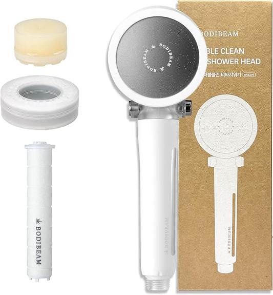 Filtered Handheld Shower Head with Vitamin C & Sediment Filter Reduces Chlorine for Softer Skin & Smoother Hair, On/Off Switch, Made in Korea, Pure White