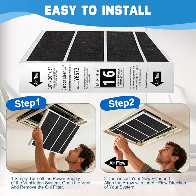 2 Pack X6672 16X25X5 Furnace Filter Compatible with Lennox X6672 and Lennox HCC16-28 Healthy Climate Carbon Clean Home Furnace Filter for HVAC System, Part # HCF16-16, HCF16-10