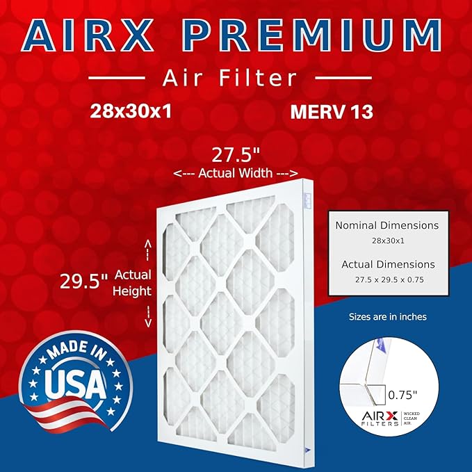 AIRX FILTERS WICKED CLEAN AIR. 28x30x1 Air Filter MERV 13 Electrostatic Pleated Air Conditioner Filter 4 Pack HVAC AC Furnace Filters