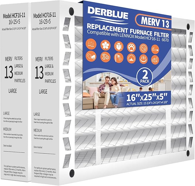DerBlue 2PACK 16x25x5 MERV 13 Furnace Filter Replacement Compatible with Lennox X6670 HCF16 Pleated HVAC,Foldable Design for Easy Installation & Space-Saving(Actual Size: 15.75 x 24.75 x 4.38in)