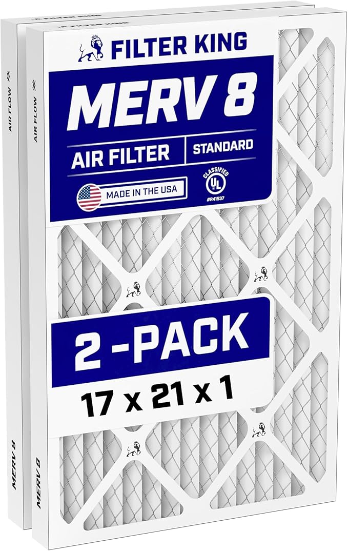 Filter King 17x21x1 Air Filter (MERV 8) (2-Pack) Dust & Allergy Control AC Furnace Filters, MADE IN USA, HVAC, Pleated, Electrostatic (Actual Size: 17 x 21 x .75)