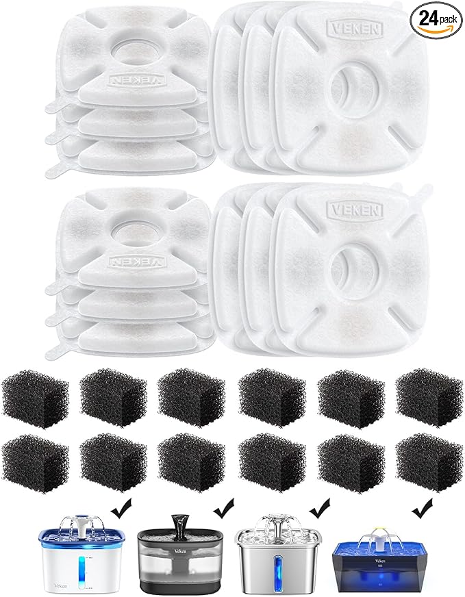 Veken Cat Water Fountain Filter, Classic 12 Pack Replacement Filters & 12 Pack Replacement Pre-Filter Sponges for 50oz, 84oz, 95oz or 108oz Automatic Pet Fountain Dog Water Dispenser