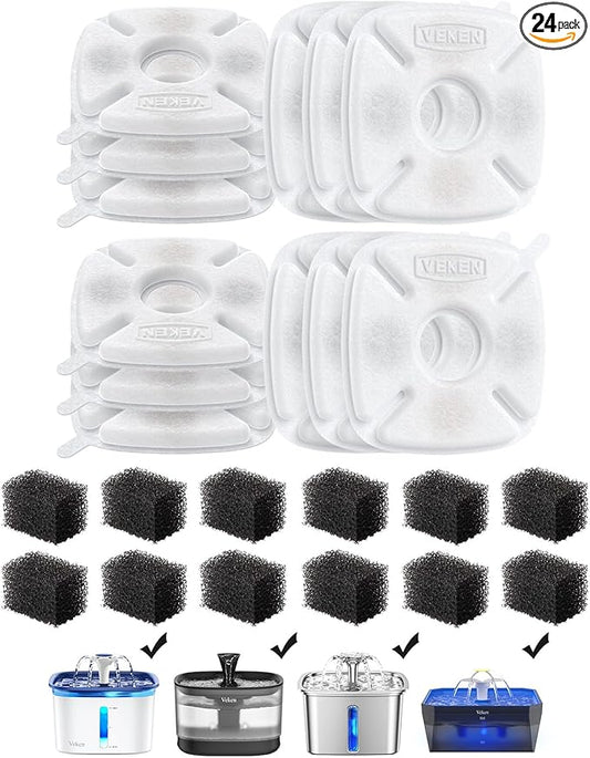 Veken Cat Water Fountain Filter, Classic 12 Pack Replacement Filters & 12 Pack Replacement Pre-Filter Sponges for 50oz, 84oz, 95oz or 108oz Automatic Pet Fountain Dog Water Dispenser