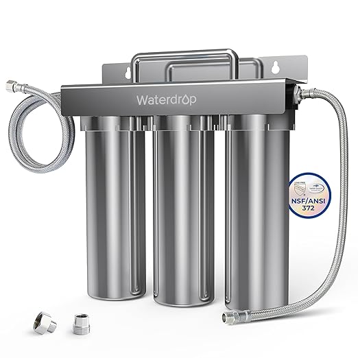 Waterdrop TST-UF 0.01μm Ultra-Filtration Under Sink Water Filter System, Stainless Steel Under Sink Water Filtration System, Removes 99% of Substances, Chlorine, Bad Taste & Odor, No Drill Required