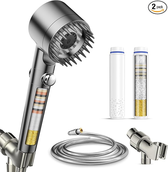 PWERAN Filtered Shower Head with Handheld, 3+1 Spray Modes High Pressure Shower Head with 2-PCS Filters for Hard Water Remove Chlorine, Detachable Showerhead with ON/OFF Switch for Pet Bath (Gray)