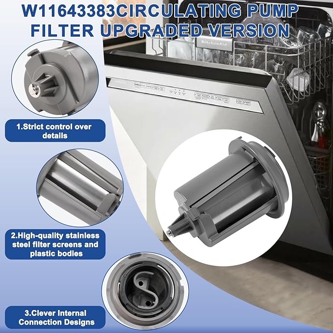 W11643383 Dishwasher Filter Compatible with Whirlpool Maytag KitchenAid MDB4949SKZ KDTM404KPS2 MDB4949SKB0 MDB9959SKZ0 MDB4949SDZ0. W11643383 Circulating Pump Filter Replace W11108699 AP7205669