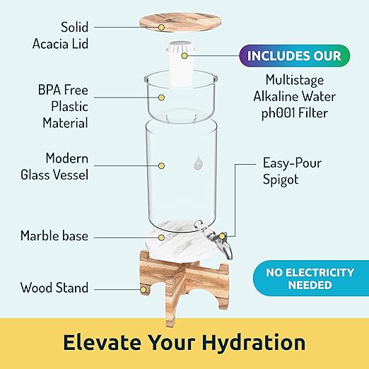 Invigorated Water pH Recharge Glass Alkaline Water Dispenser Filter System - Countertop Purifier Pitcher for Home and Office - High pH Pure Drinking Water Filtration - 36 Cups (Acacia Marble Set)