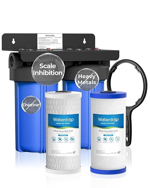 Waterdrop 2 Stage Whole House Water Filter System, with Heavy Metal and Anti-Scale Sediment Filter, Highly Reduce Iron, Scale, Lead, Chlorine, Taste, 7-Stage Filtration, WD-WHF21-SH, 1" Inlet/Outlet