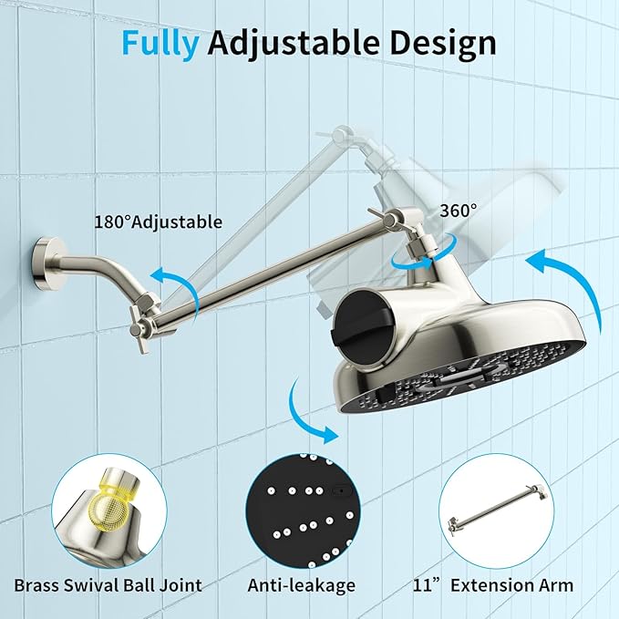 Filtered Shower Head with Extension Arm - EMBATHER 8 Inch Hign Output Showrhead with 3 Spray Settings, 18 Stage Filter for Hard Water, 11" Adjustable Arm, Brushed Nickel,Brass Swivel Ball Jiont