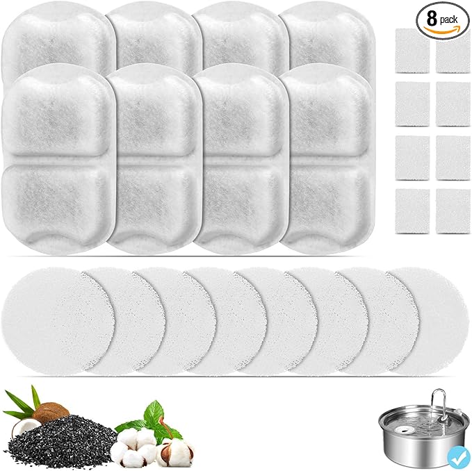 8 Set Dog Fountain Filter Replacement for 7L/230oz/1.8G Stainless Steel Dog Water Dispenser, YOIHABV Cat Fountain Filters, Triple Filtration Pet Water Filter, Replacement Filters and Sponges