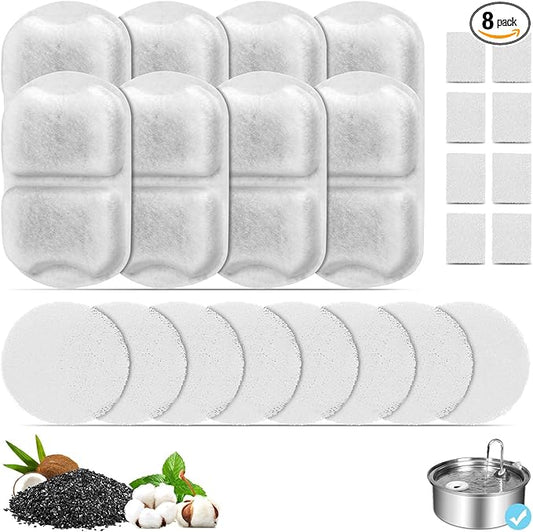 8 Set Dog Fountain Filter Replacement for 7L/230oz/1.8G Stainless Steel Dog Water Dispenser, YOIHABV Cat Fountain Filters, Triple Filtration Pet Water Filter, Replacement Filters and Sponges