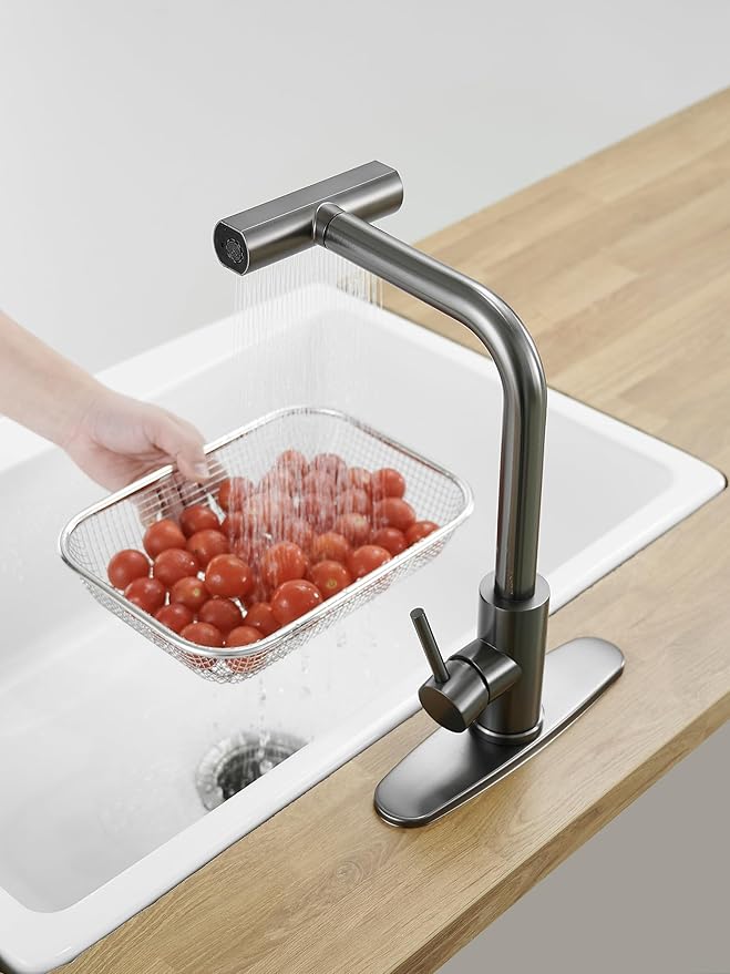 Kitchen Faucets with Pull Down Sprayer,Waterfall Kitchen Sink Faucet,Commercial Utility Stainless Steel Kitchen Faucets,Single Handle Kitchen Sink Faucet with Pull Down Sprayer for 3 Function,Grey