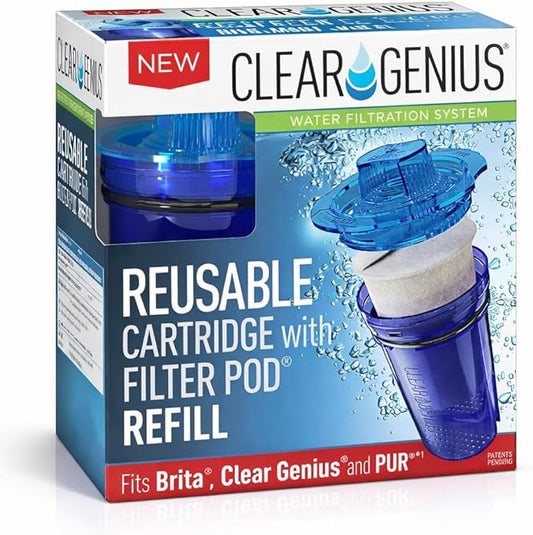 Reusable Water Filter Cartridge with Filter Pod Refill, BPA-Free, Compatible with Brita, PUR, and Clear Genius Water Pitchers
