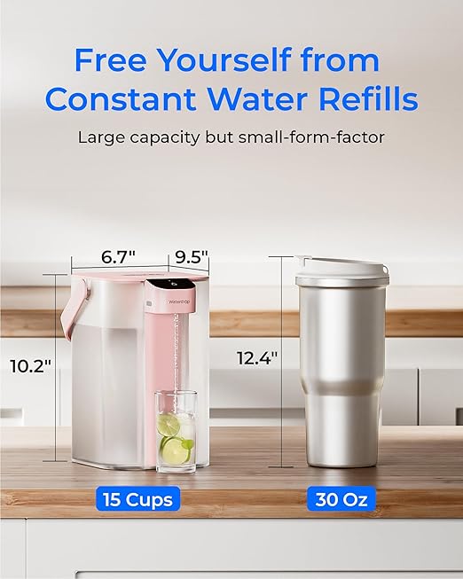 Waterdrop ED01P Electric Water Filter Pitcher, Reduce 99.6% of Lead and 45+ Impurities, 15-Cup 200-Gallon Capacity, Rechargeable Instant Dispenser, NSF/ANSI 42&53&401&372, Does not Lower TDS, Pink