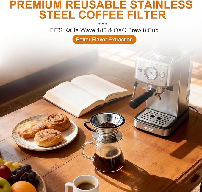 Coffee Filter for Kalita Wave 185 & OXO 8 Cup Coffee Makers, Reusable Stainless Steel Metal Filter, Sustainable Brewing Without Paper Filters