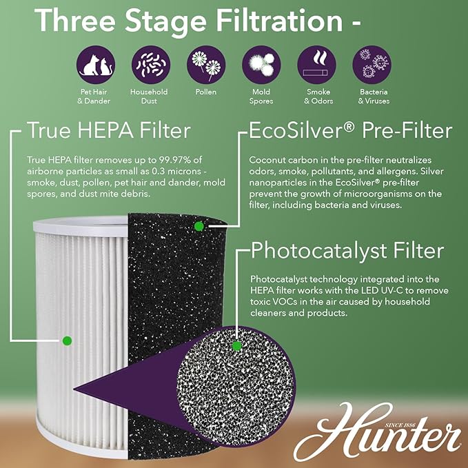Hunter HP450UV Round Air Purifiers for Home, True HEPA Air Purifier Tower for Pets, Odors, Allergens, Smoke, Dust, VOC's. HEPA Air Purifiers for Bedroom and Small Room. Bronze