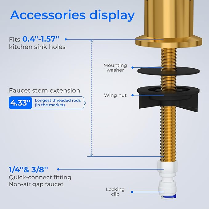 Waterdrop G2FCT-Gold Drinking Water Faucet, Reverse Osmosis Faucet, Water Filter Faucet for Kitchen Bar Sink, Single Handle, Easy to Install, Lead-Free, Stainless Steel, Brushed Gold