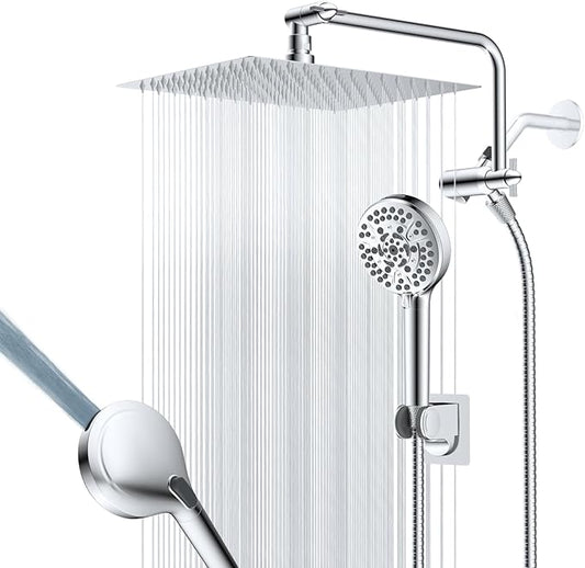 12" All Metal Shower Head, High Pressure Rainfall Shower Head/Handheld Showerhead Combo with 11" Adjustable Shower Extension Arm, 71" Hose, Shower Head Holder, Chrome